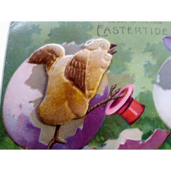 Easter Postcard 3-D Raised Image Fabric Fantasy Chicks On With Top Hat Germany - Picture 3 of 6